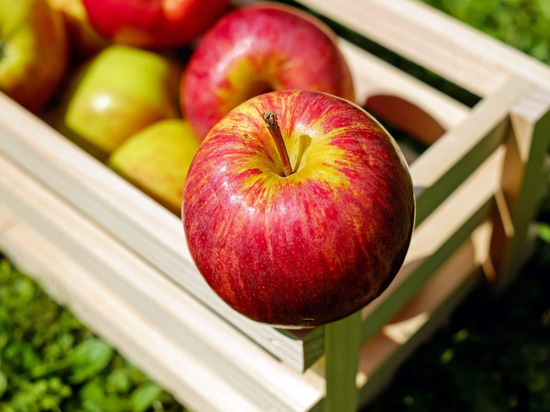Freshly picked apples resting in a wooden crate
