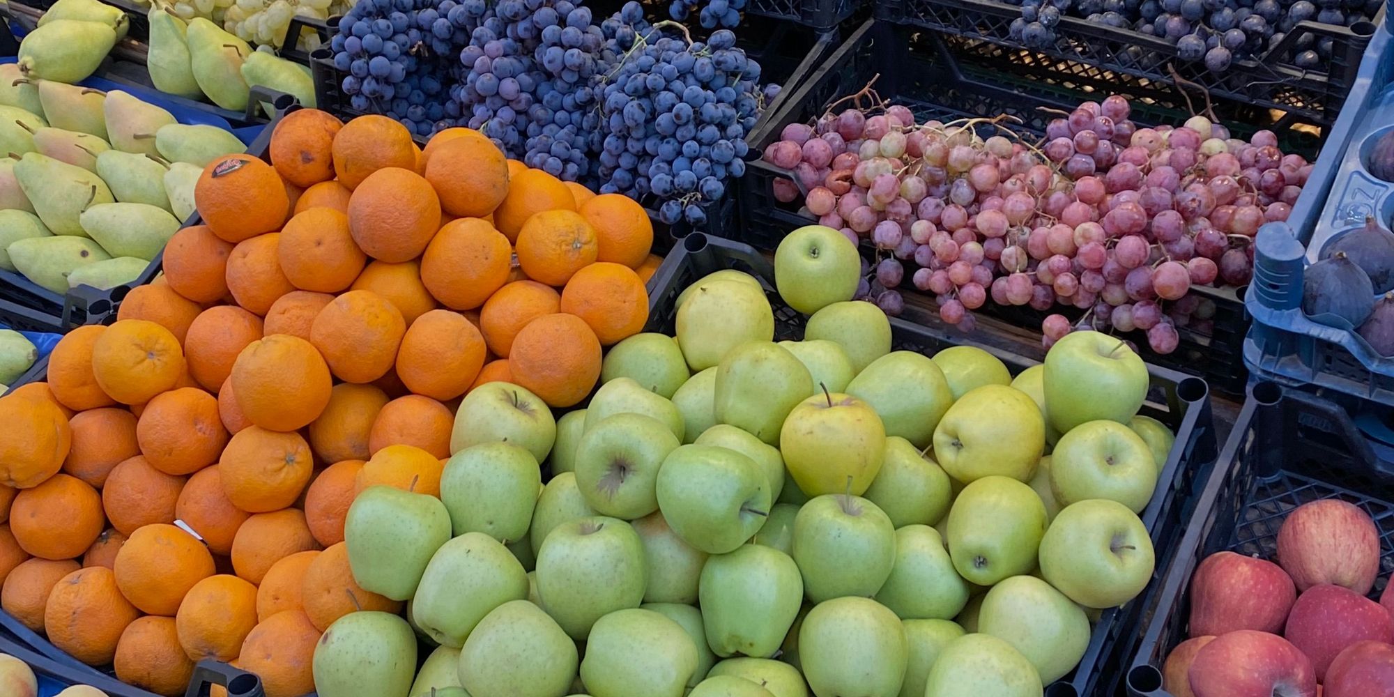 Crates of graded fruit lined up at market
