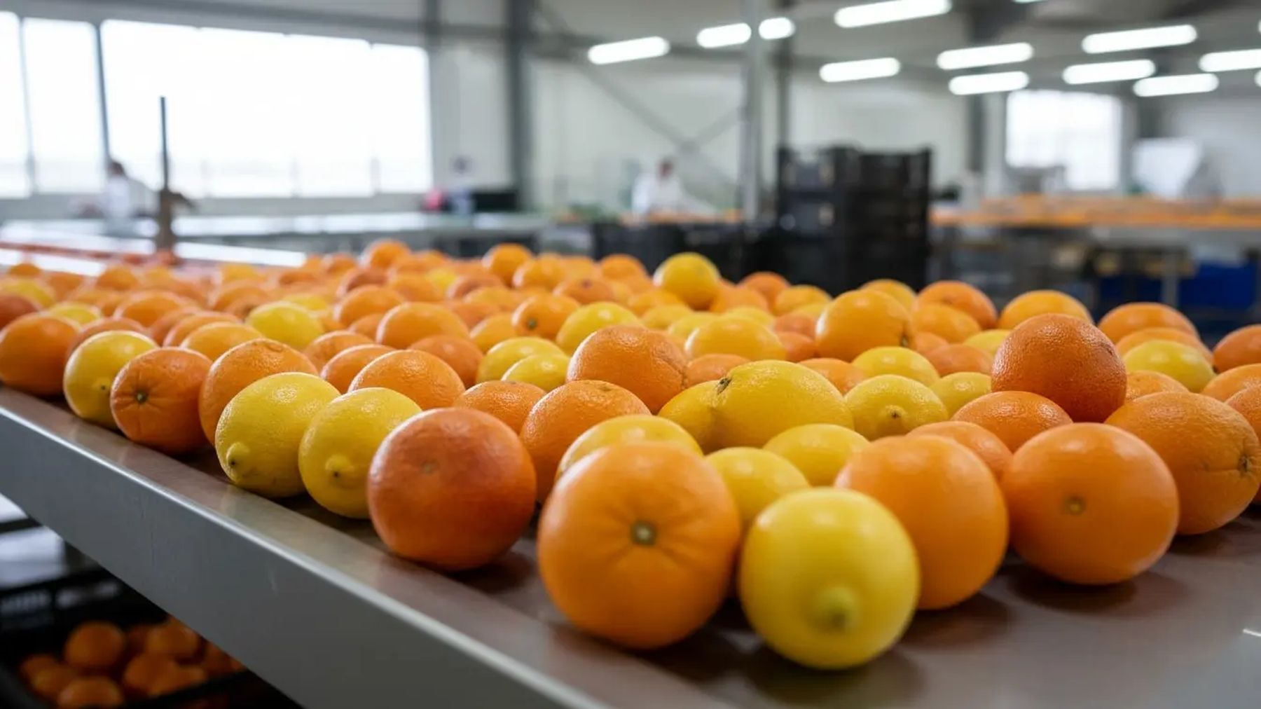 Citrus moving along a grading line inside a packing house