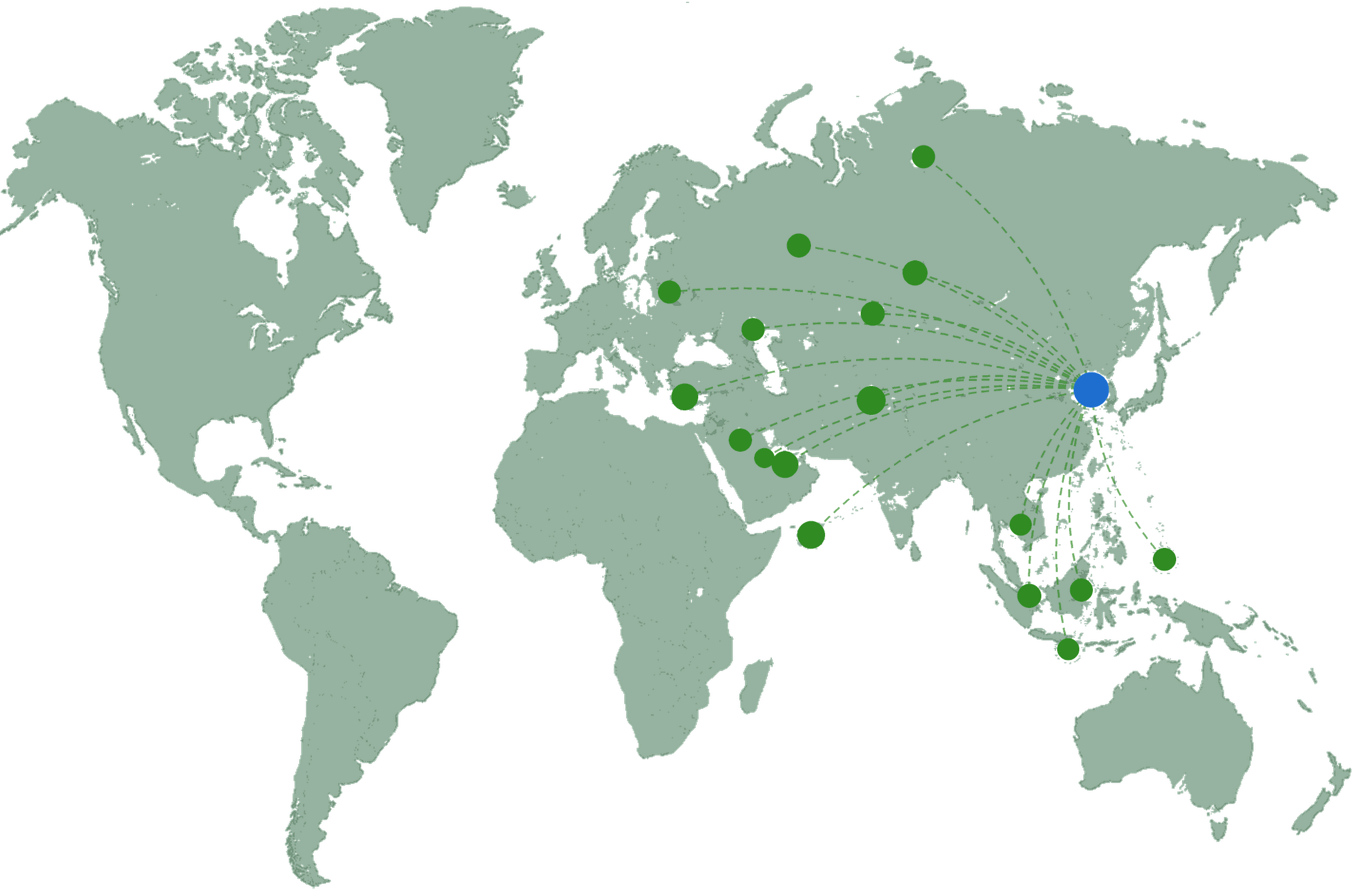 World map showing sourcing in China and export markets across the Middle East, Central Asia, Russia and Southeast Asia